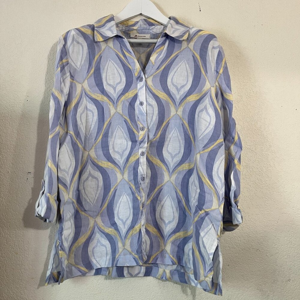 JM Collection Womens Button-Down 3/4 Sleeve Blouse Size 16 Linen Abstract Blue